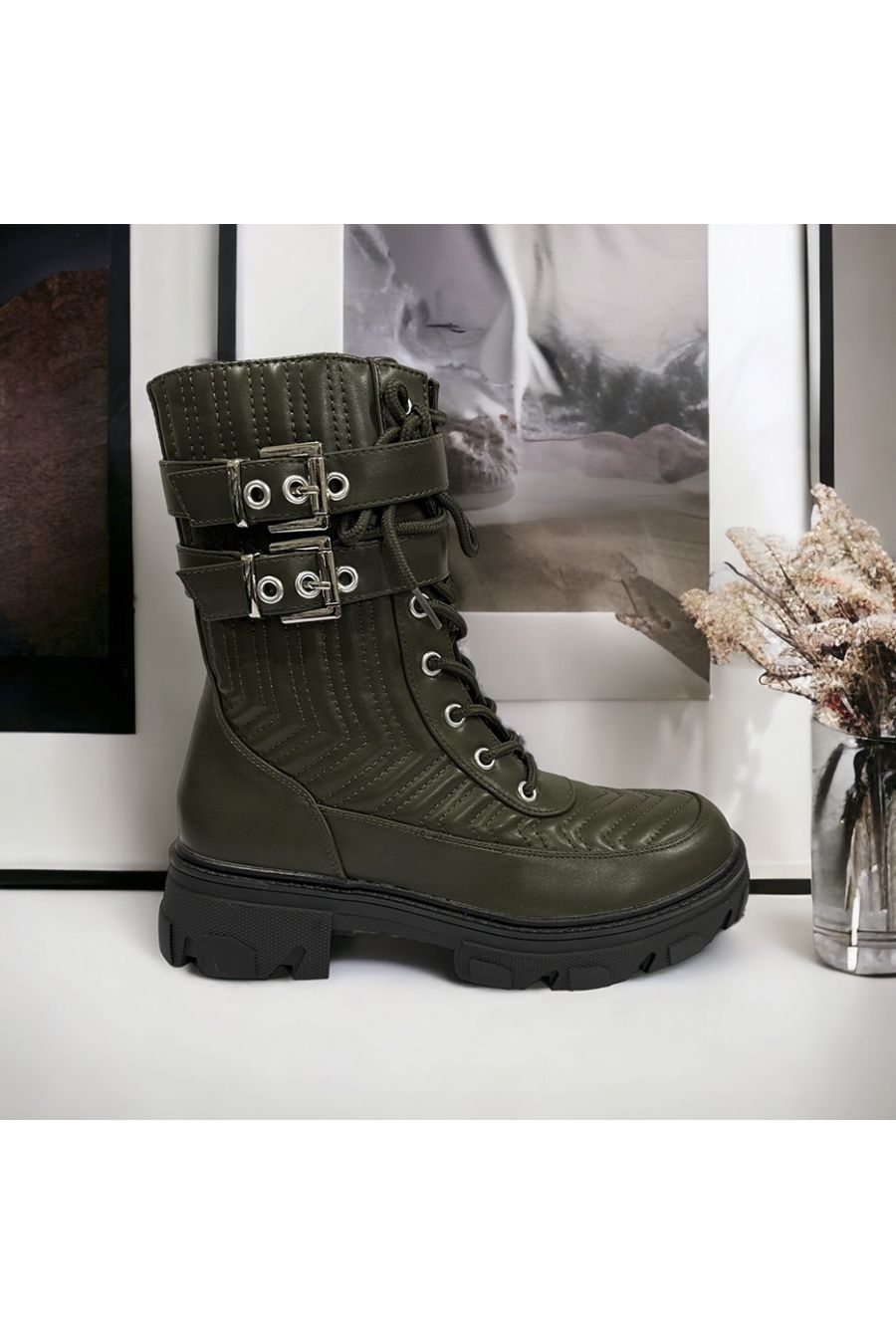 Quilted khaki ankle boot - 4