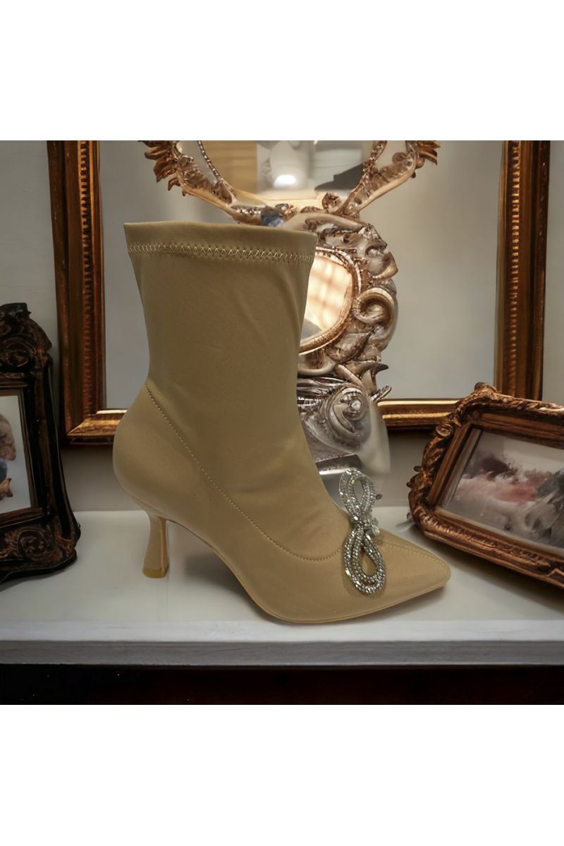 Beige enkellaarsje met strass steentjes - 3
