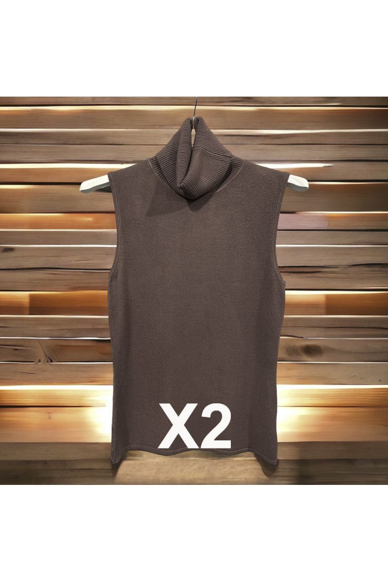 Pack of 2 Brown High Stretch Sleeveless Turtleneck Tops - 1
