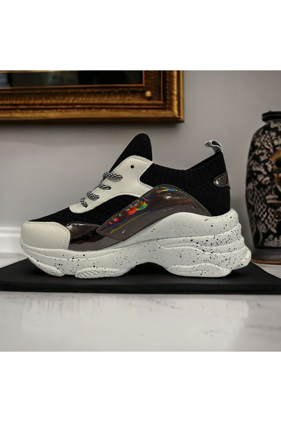 Black and white wedge sneakers with paint effect on the sole - 1