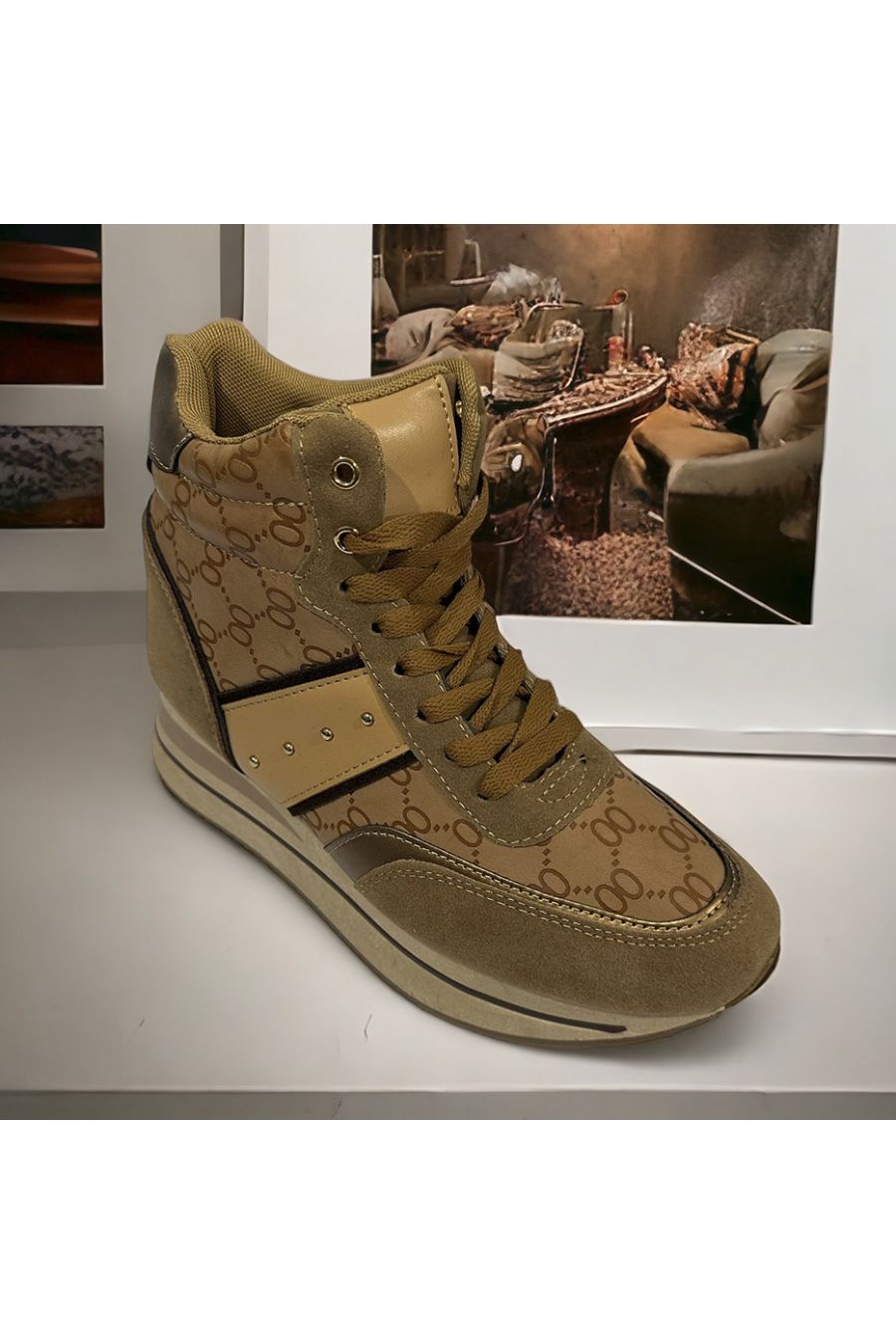 Camel wedge high-top trainer with pattern inspired by - 2