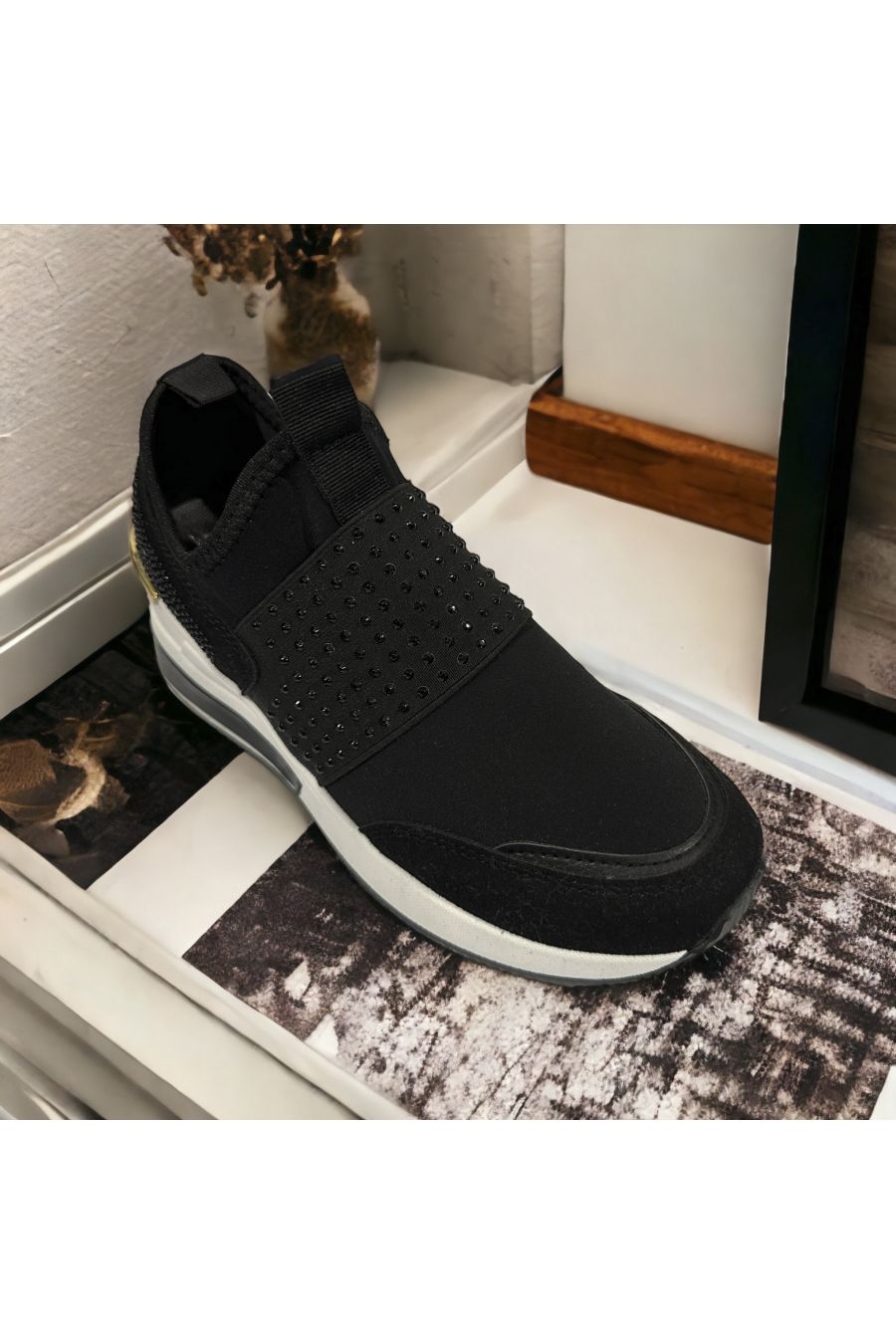 Black wedge sock basket with rhinestones inspired - 2