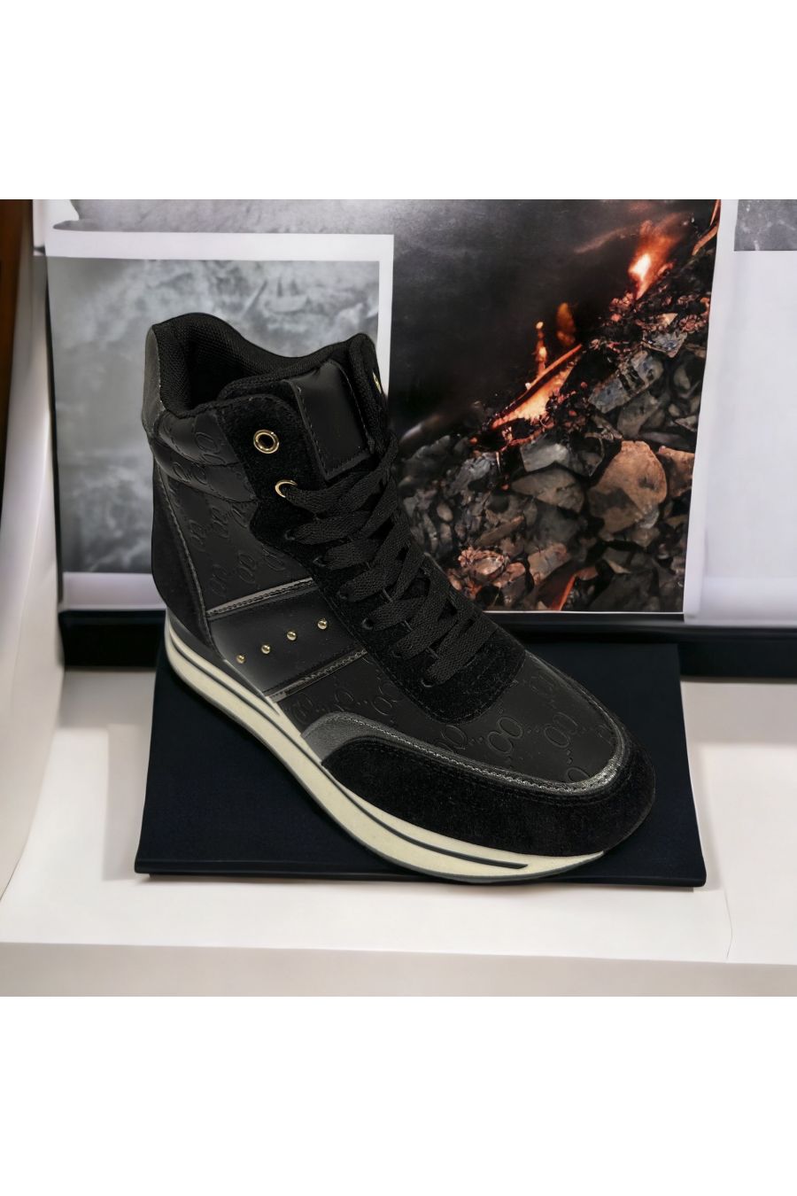 High-top wedge trainer in black with pattern inspired by - 2