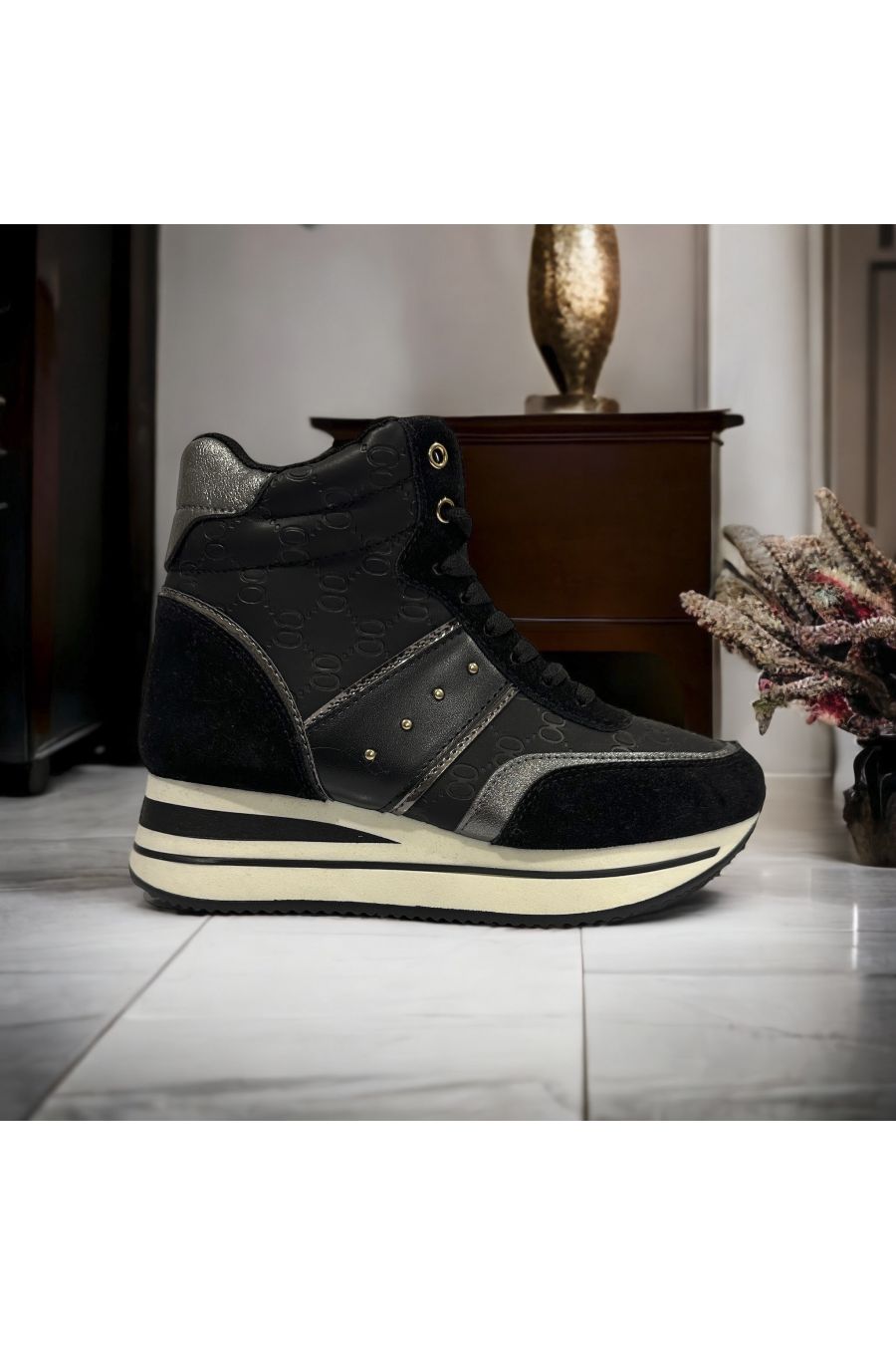 High-top wedge trainer in black with pattern inspired by - 3