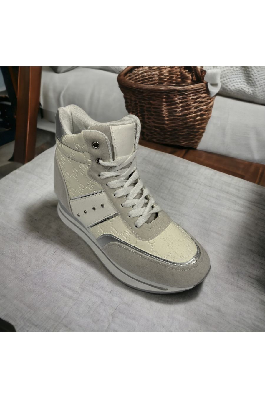 White wedge high-top sneaker with pattern inspired by - 2