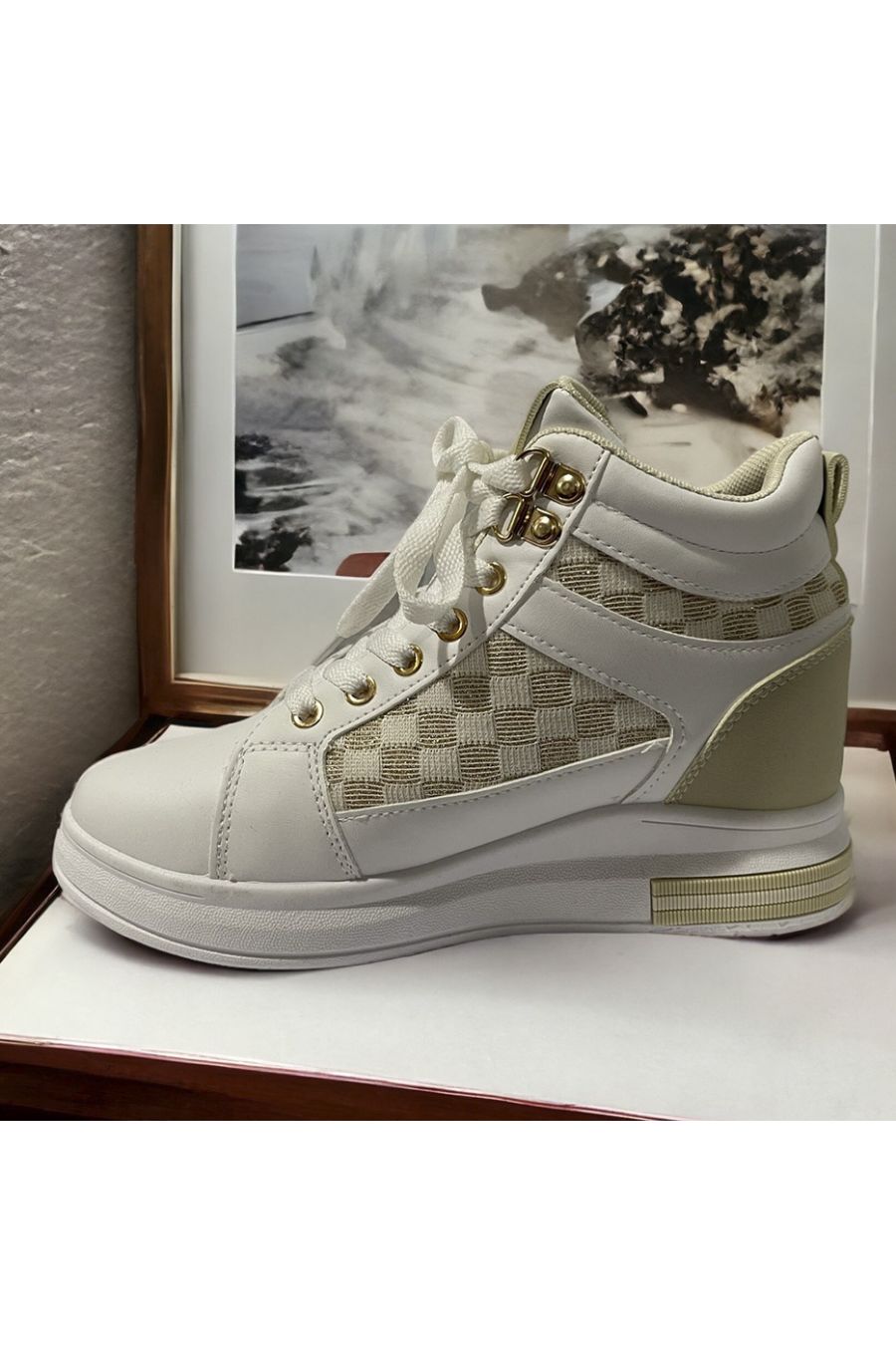 White and gold high-top sneaker - 1