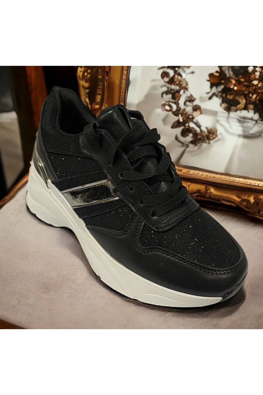 Glanzende zwarte en zilveren wedge sneakers - 1