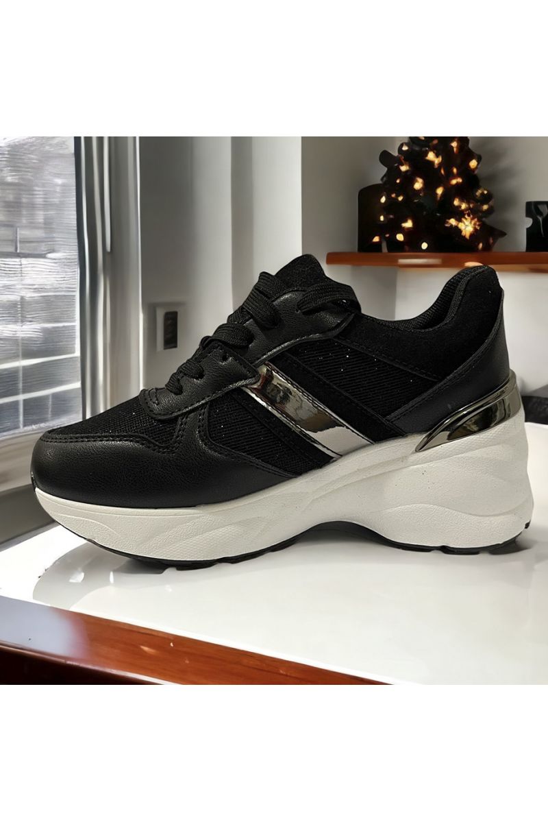 Glanzende zwarte en zilveren wedge sneakers - 2