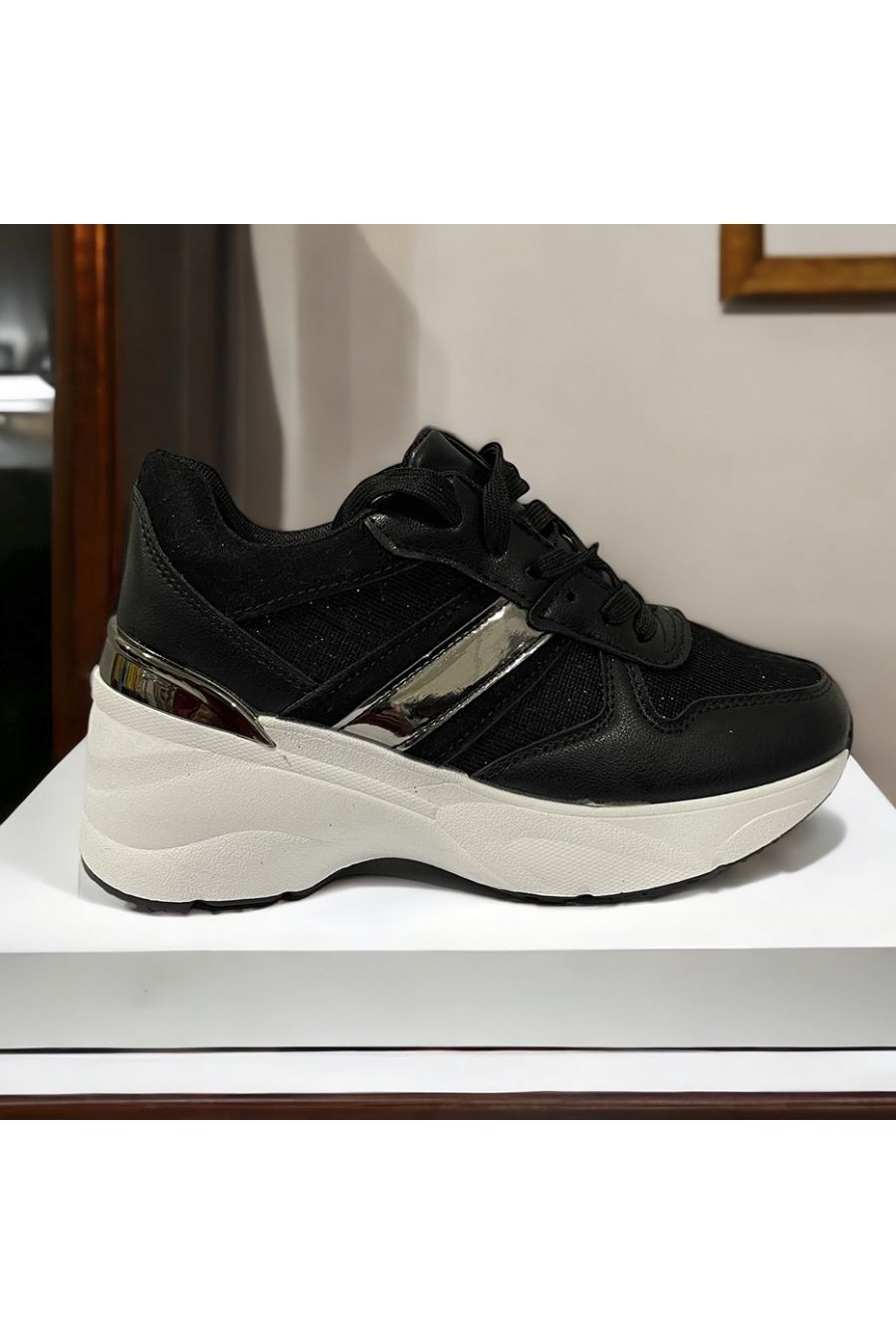 Glanzende zwarte en zilveren wedge sneakers - 3