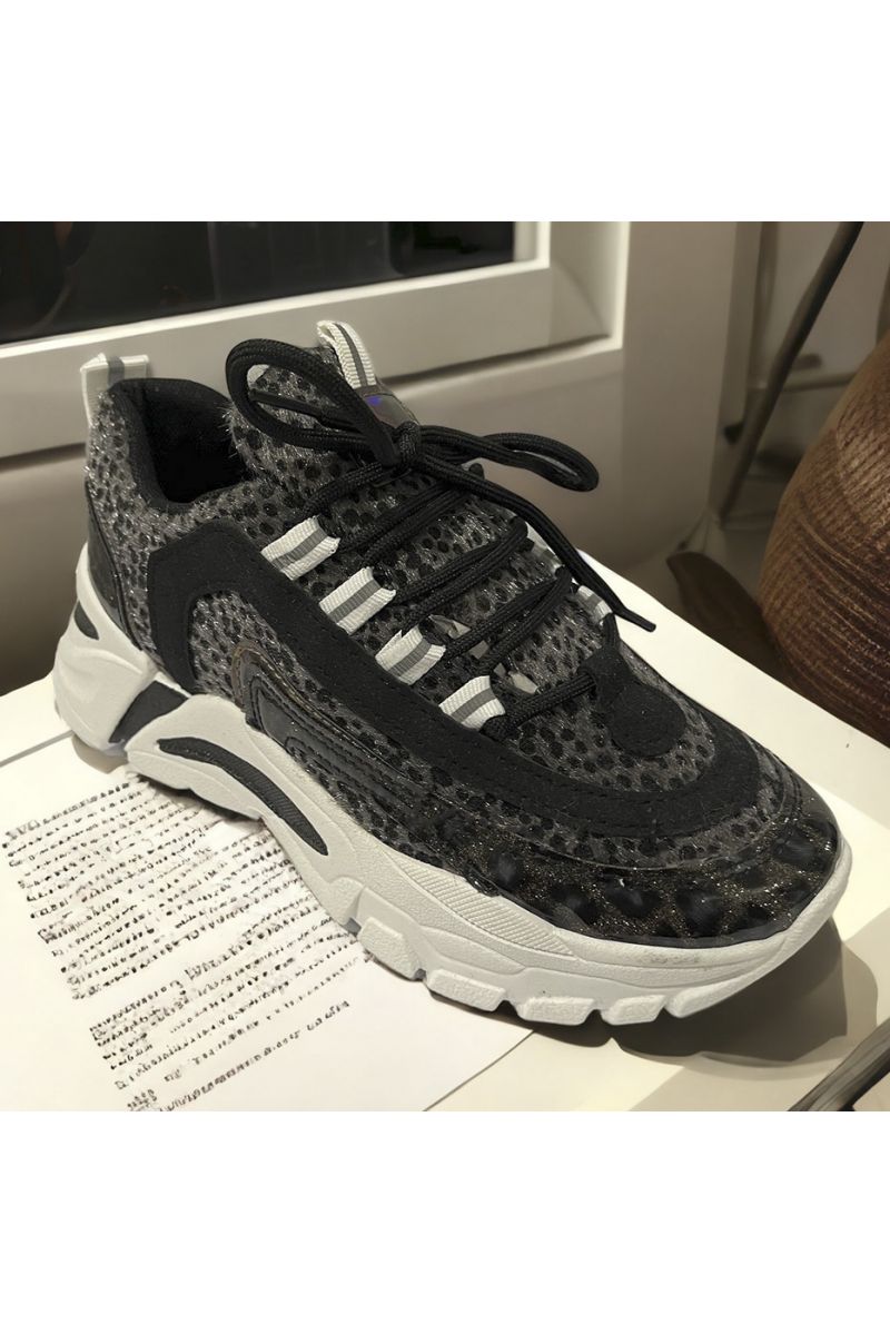 Black sneakers with leopard pattern - 1