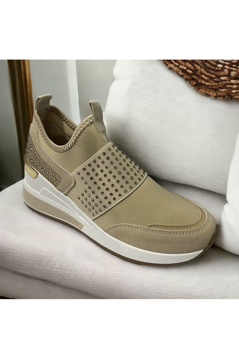Beige sneaker met sleehak en geïnspireerd op strass-steentjes - 1