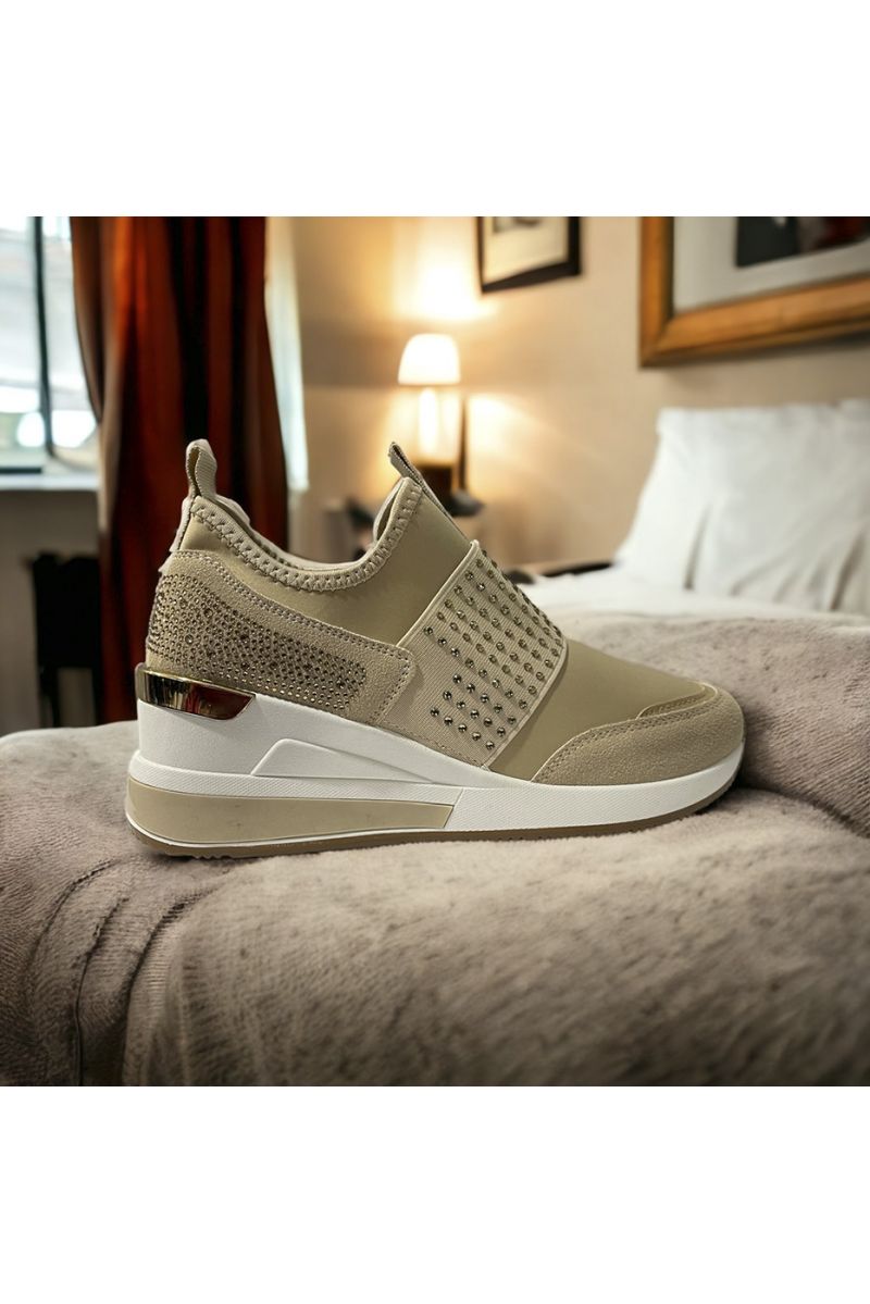 Beige wedge sock trainer with rhinestones inspired - 2