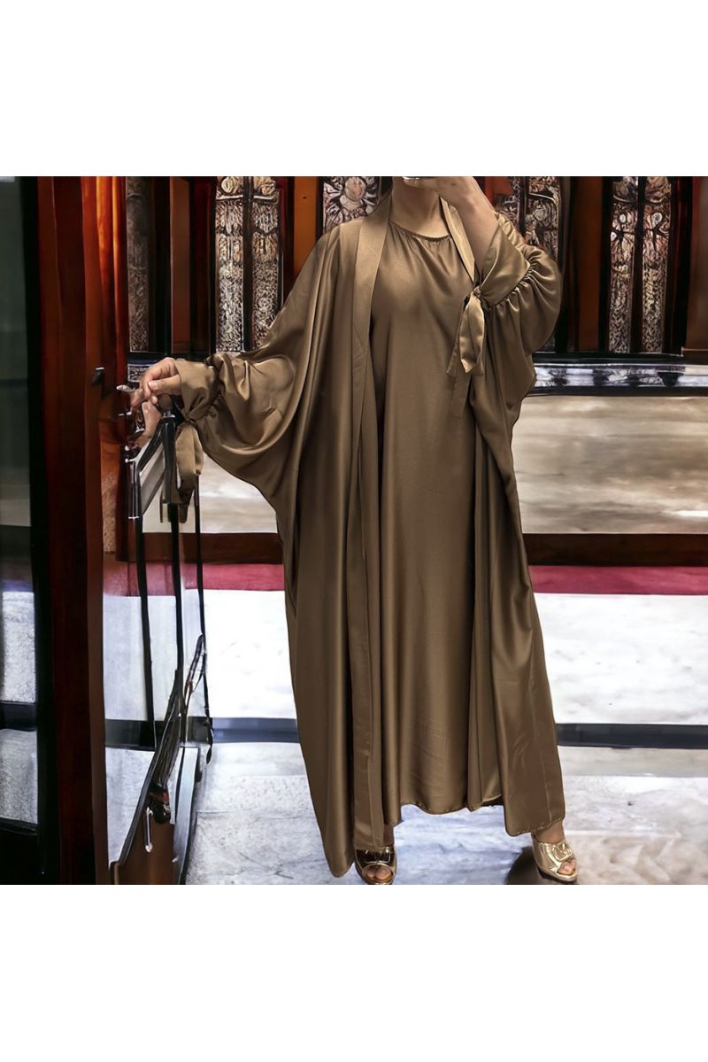 Gilet et robe Rayhana très ample satiné marron - 1