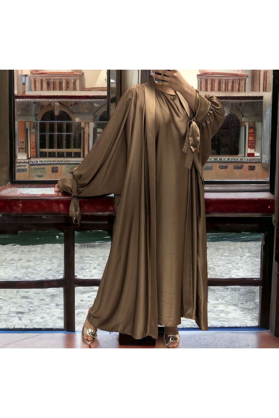 Gilet et robe Rayhana très ample satiné marron - 4