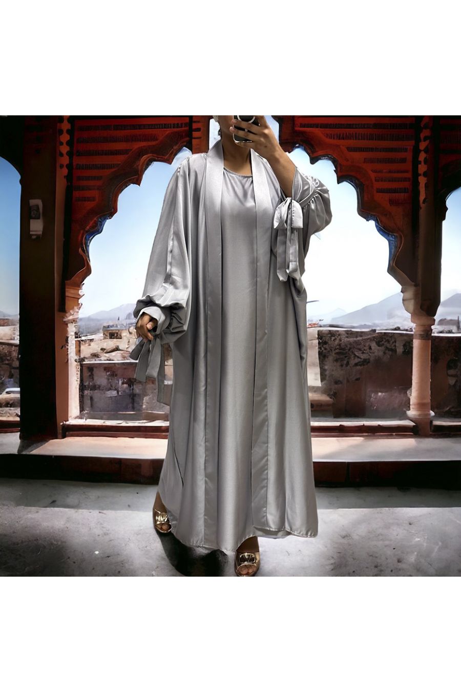 Rayhana very loose silver gray satin cardigan and dress - 1