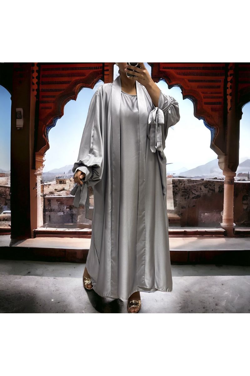 Gilet et robe Rayhana très ample satiné gris argenté - 1