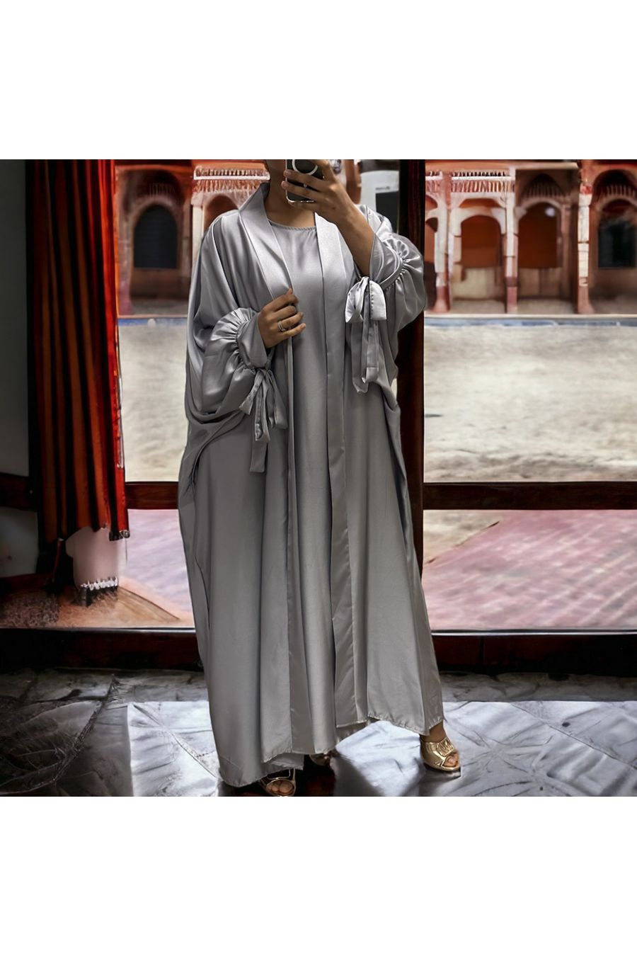 Rayhana very loose silver gray satin cardigan and dress - 2