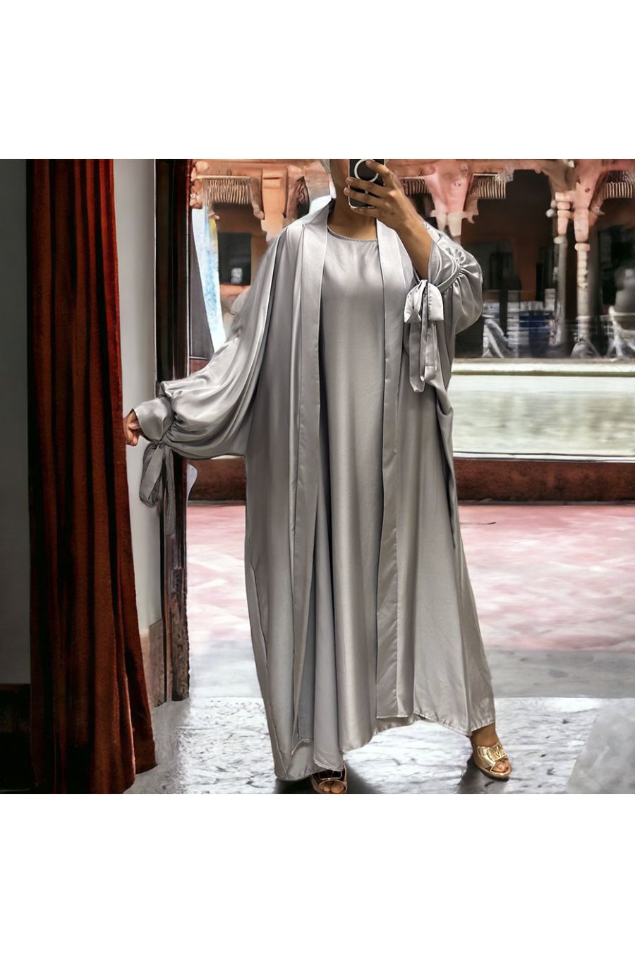 Rayhana very loose silver gray satin cardigan and dress - 3