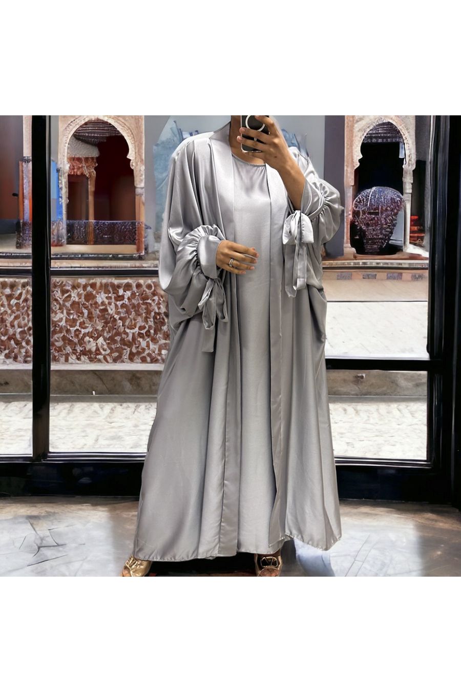 Gilet et robe Rayhana très ample satiné gris argenté - 4