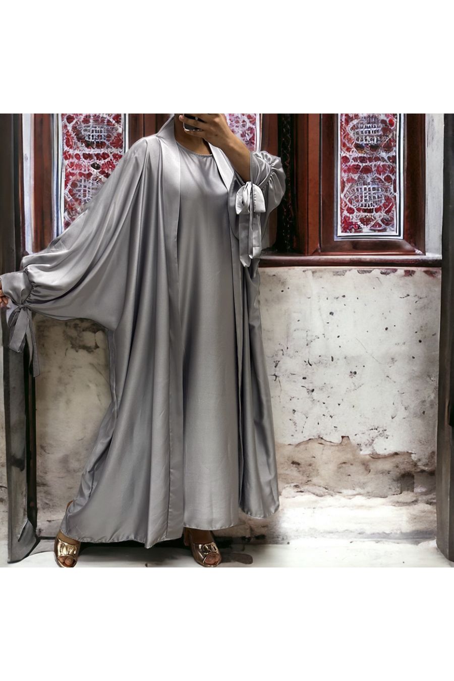 Gilet et robe Rayhana très ample satiné gris argenté - 5
