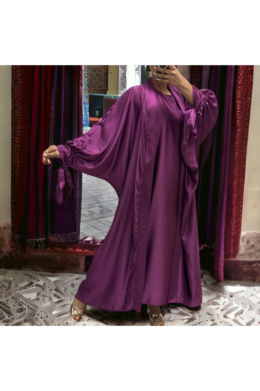Gilet et robe Rayhana très ample satiné violet - 1
