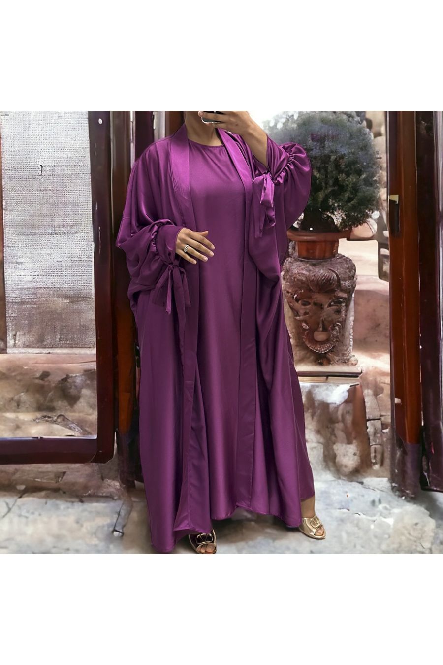 Very loose purple satin Rayhana cardigan and dress - 2