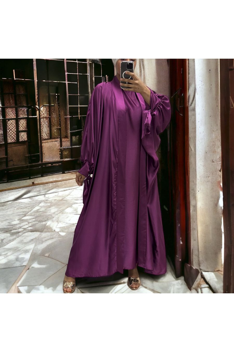 Very loose purple satin Rayhana cardigan and dress - 4