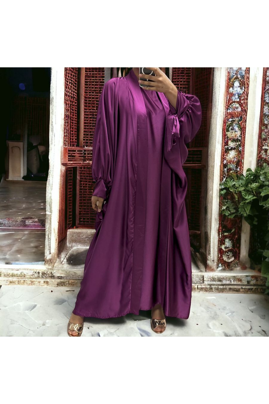 Very loose purple satin Rayhana cardigan and dress - 5