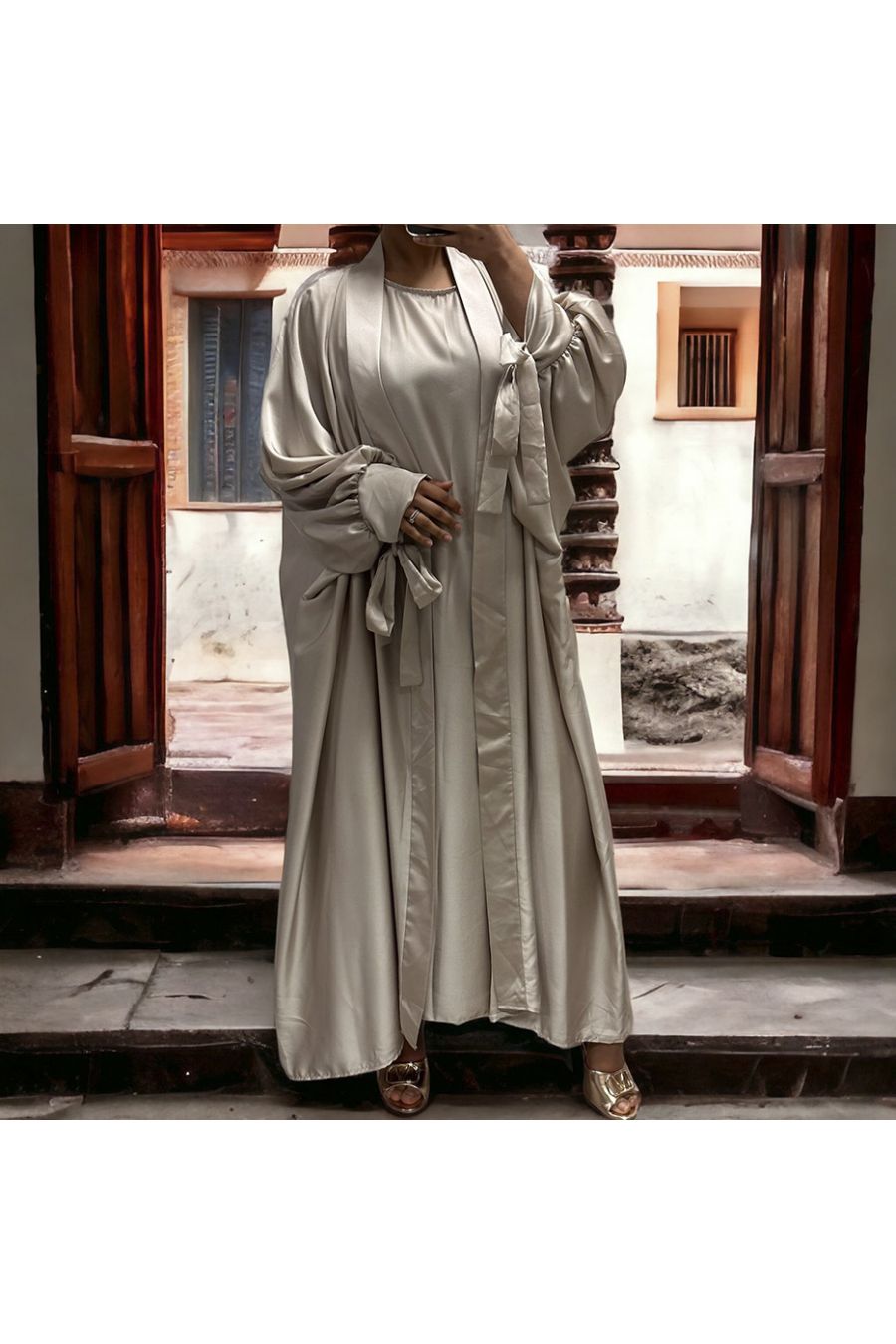 Gilet et robe Rayhana très ample satiné beige - 1