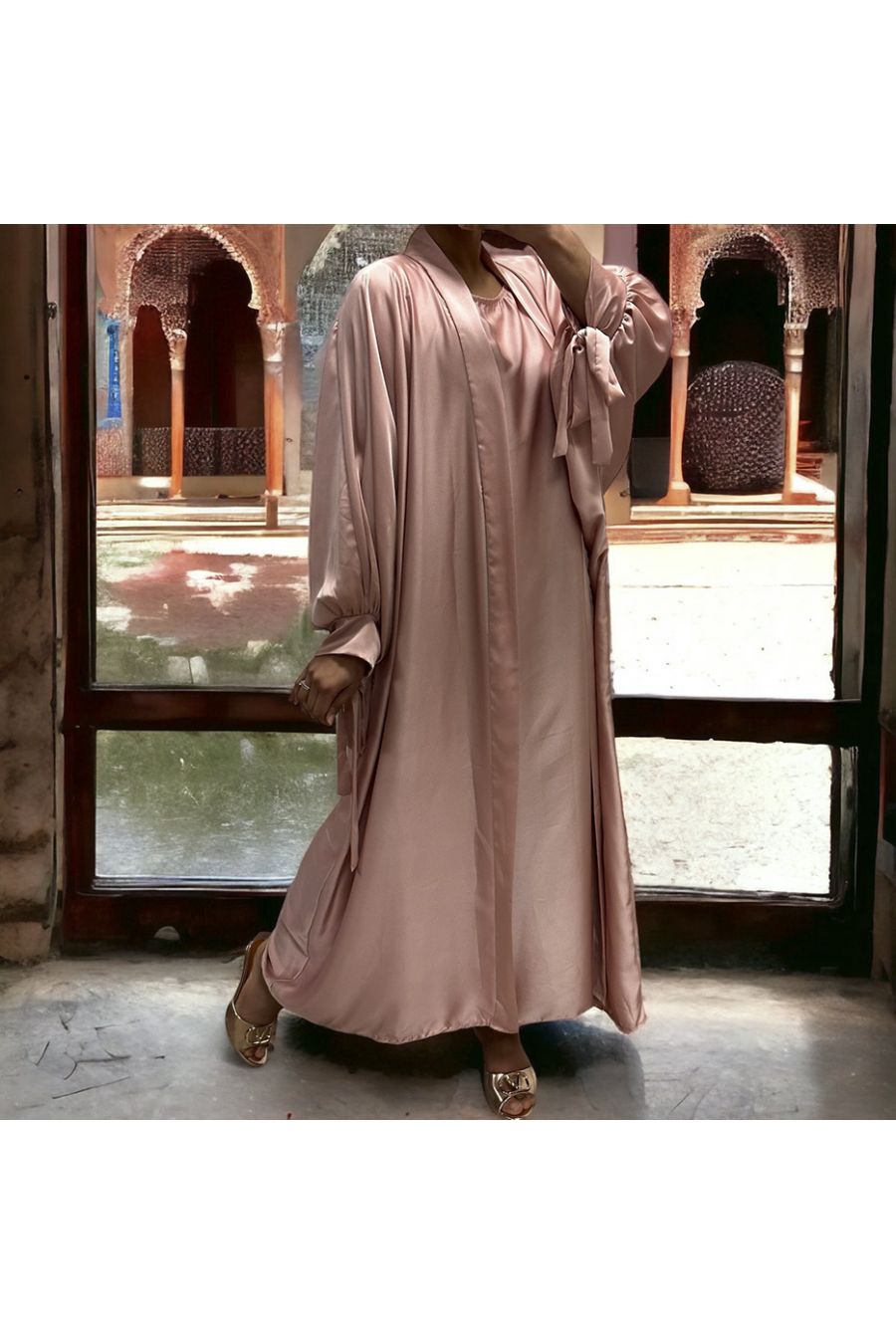 Very loose pink satin Rayhana cardigan and dress - 2