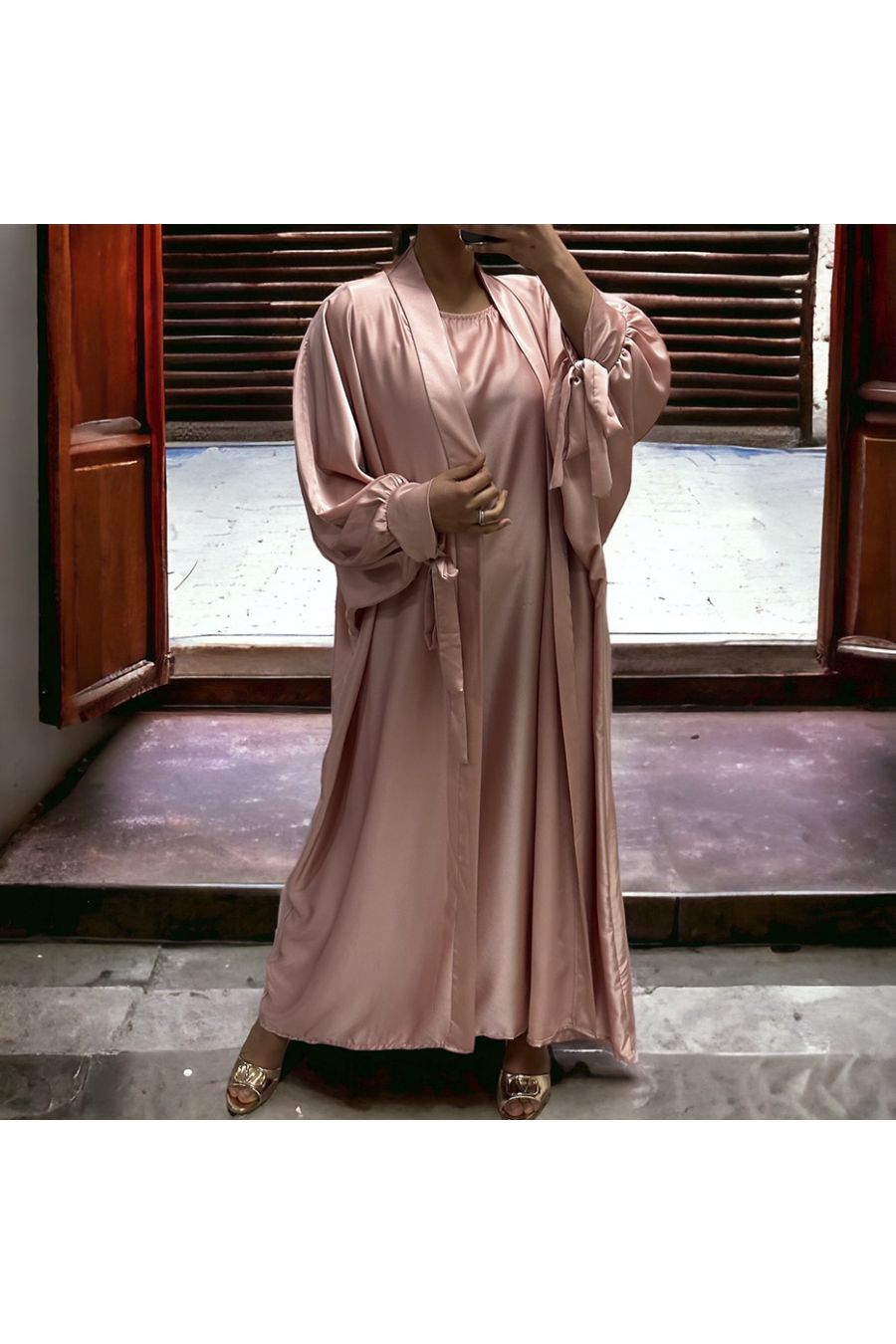 Very loose pink satin Rayhana cardigan and dress - 3