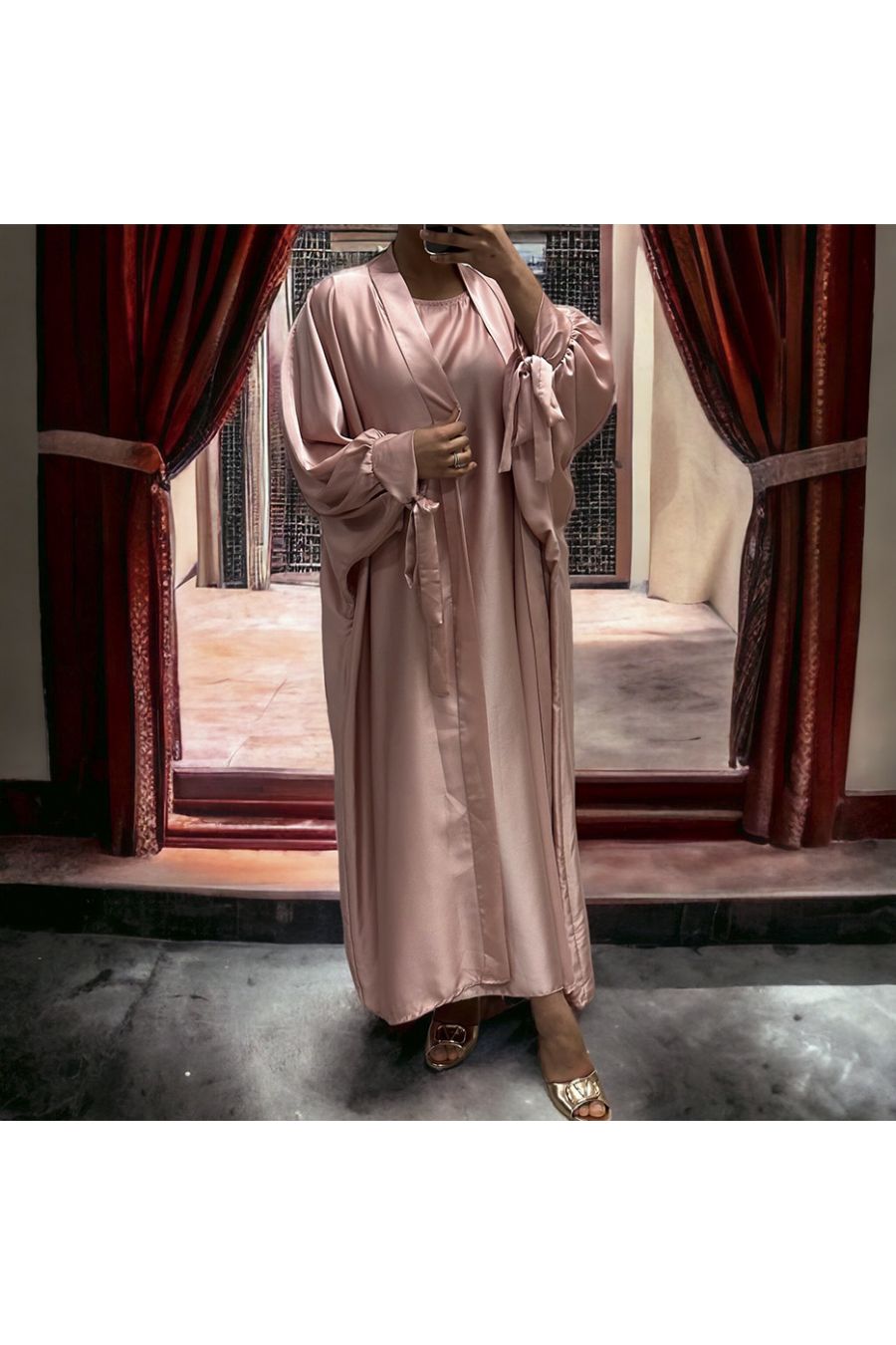 Zeer losse roze satijnen Rayhana vest en jurk - 4