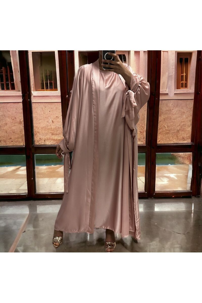 Very loose pink satin Rayhana cardigan and dress - 5