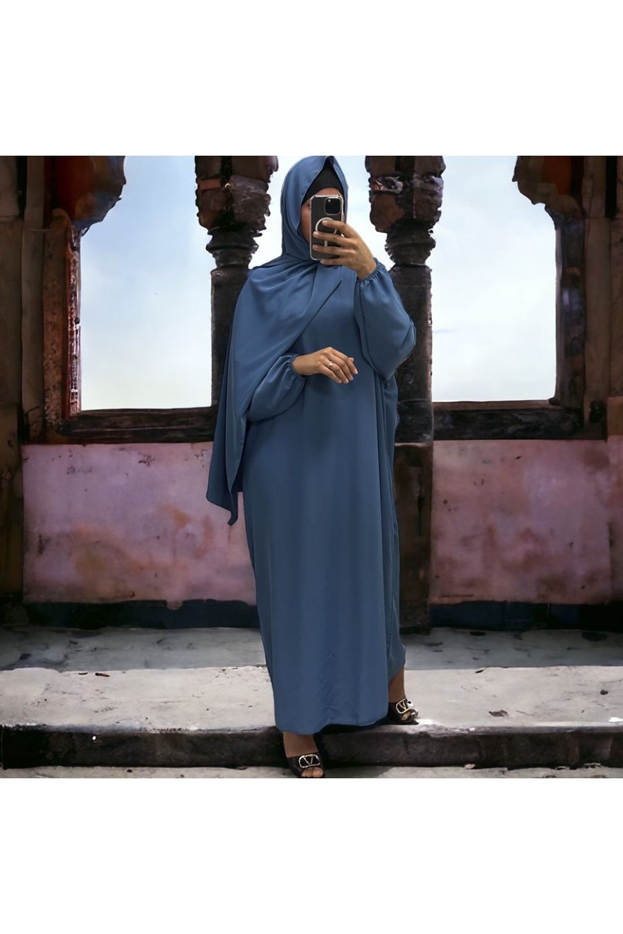 Abaya indigo met ingewerkte sluier in vitaminekleur - 1