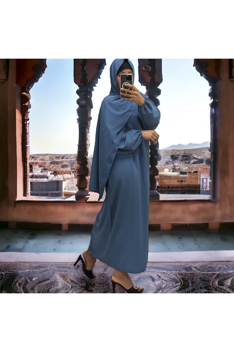 Abaya indigo met ingewerkte sluier in vitaminekleur - 2