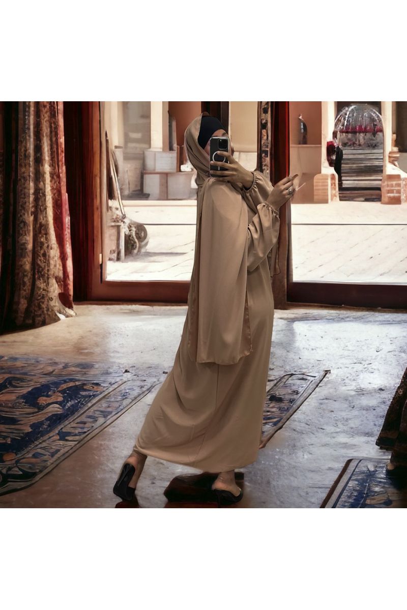 Camel abaya with integrated veil in vitamin color - 1