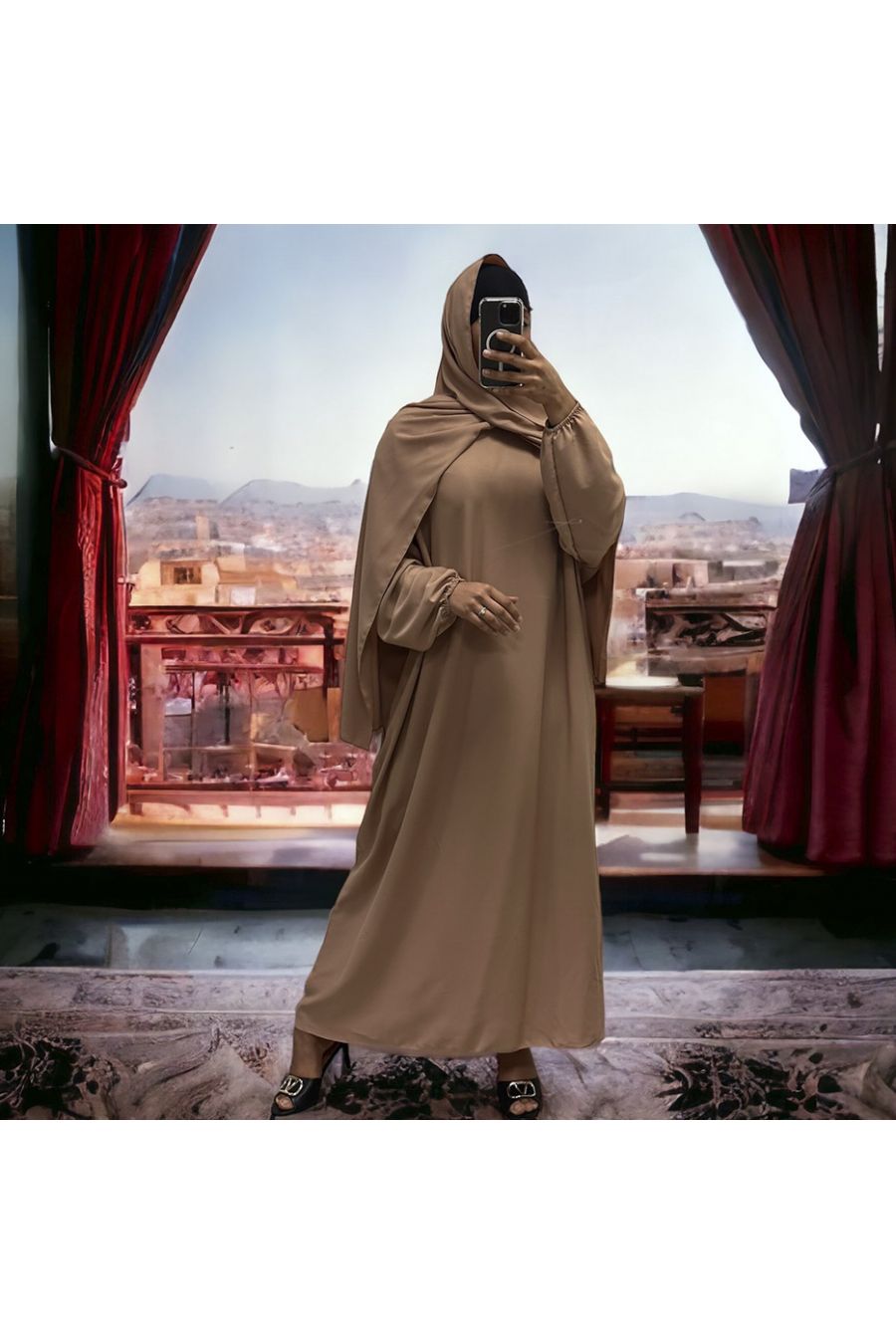 Camelkleurige abaya met geïntegreerde sluier in vitaminekleur - 3