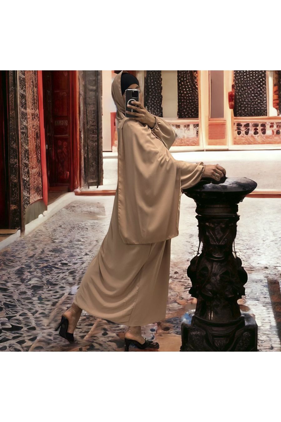 Abaya camel avec voile intégré couleur vitaminée - 4