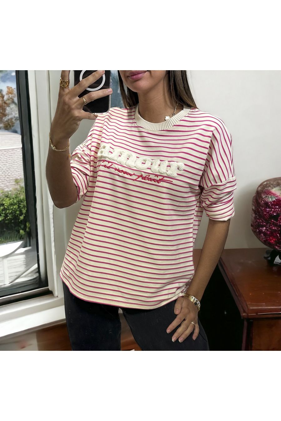 Fuchsia and white striped top with love writing in wool yarn - 1