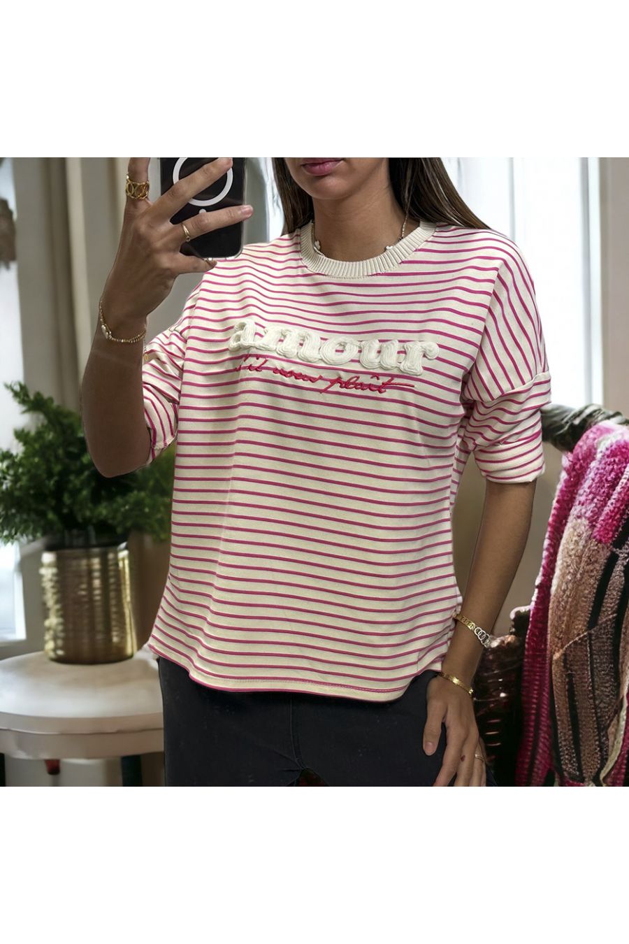 Fuchsia and white striped top with love writing in wool yarn - 3