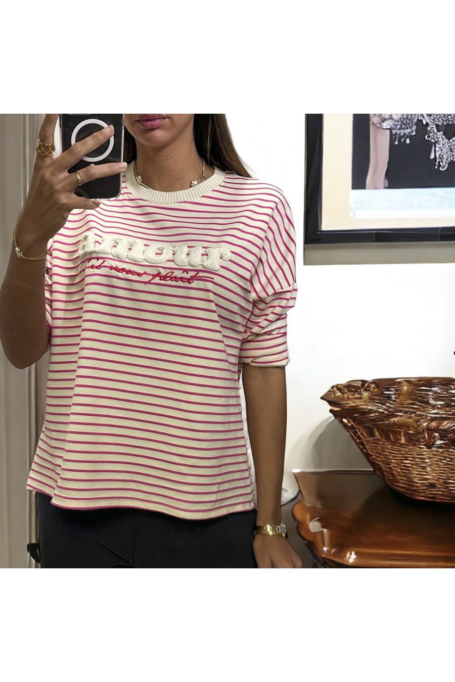 Fuchsia and white striped top with love writing in wool yarn - 4