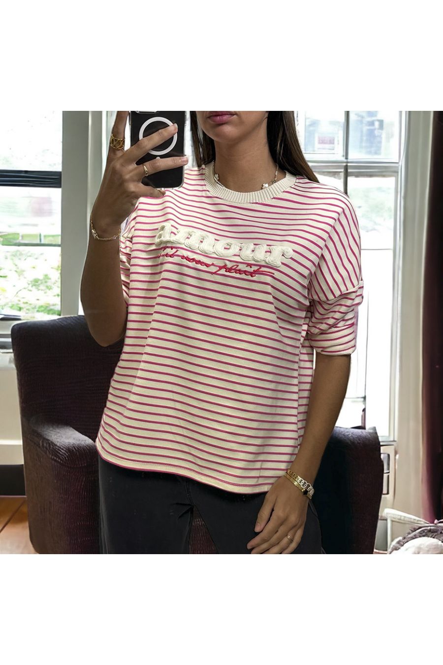 Fuchsia and white striped top with love writing in wool yarn - 5