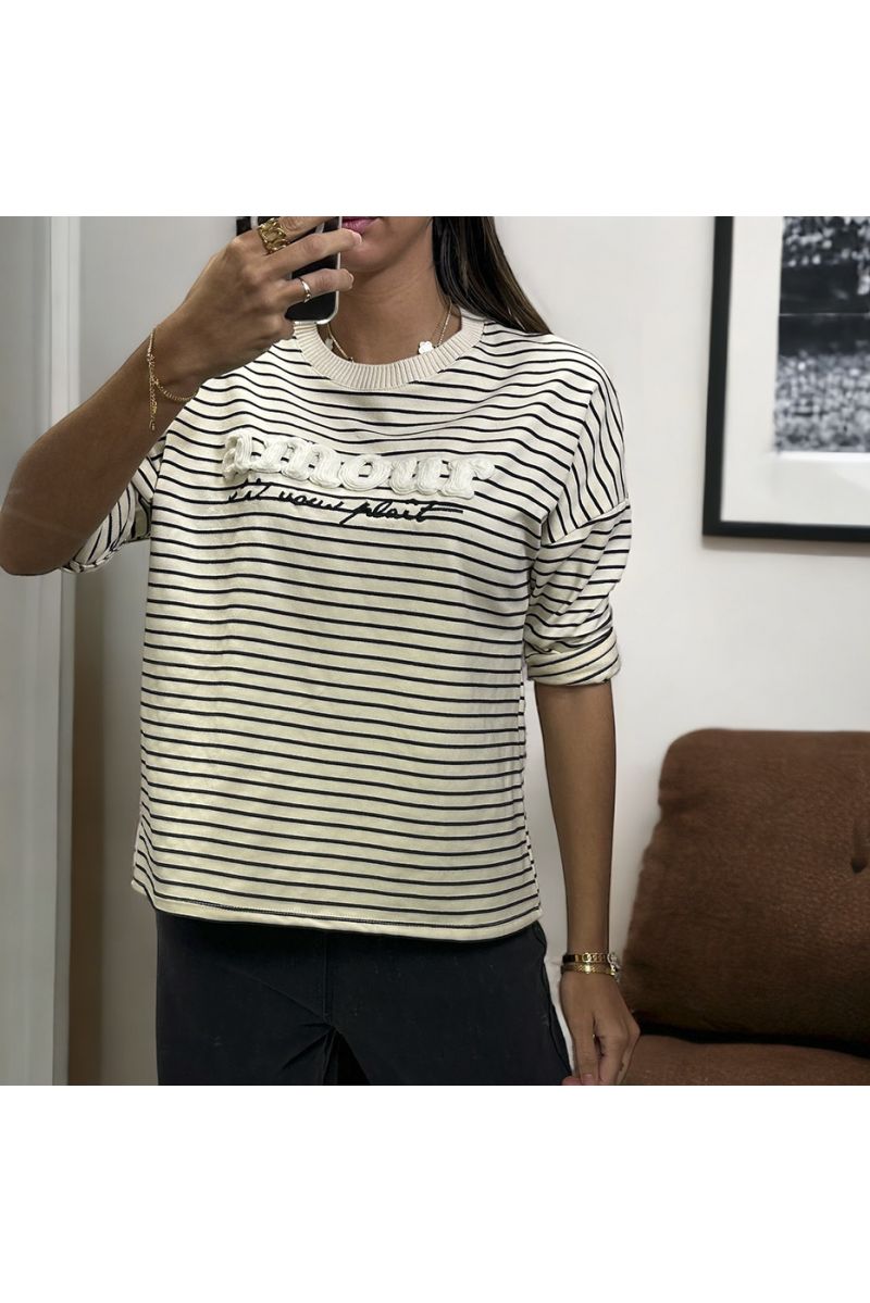 Navy and white striped top with love writing in wool yarn - 1