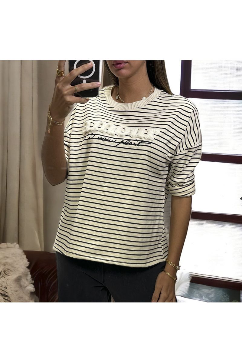 Navy and white striped top with love writing in wool yarn - 2