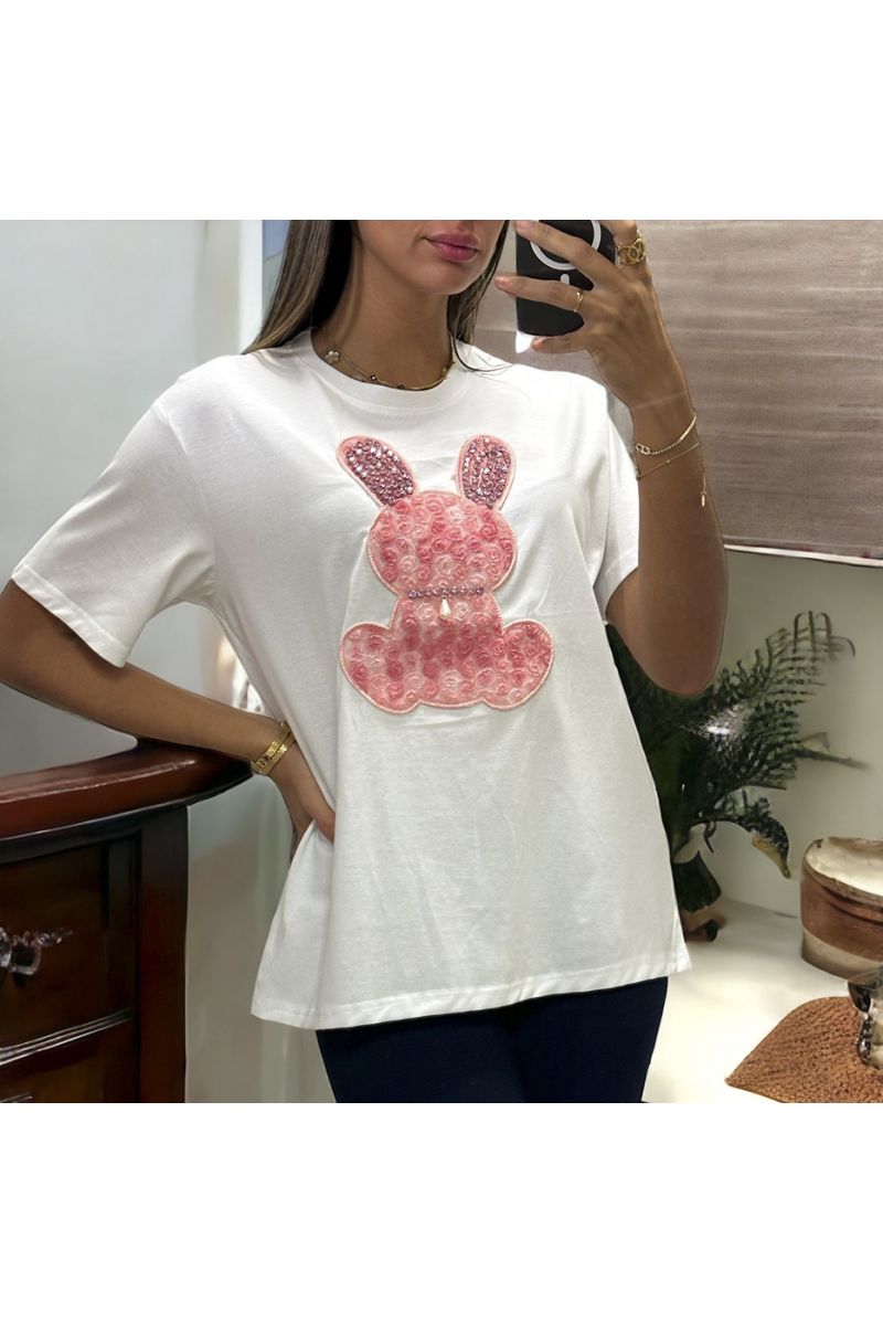 Oversized white T-shirt with embroidered rabbit and rhinestones - 2