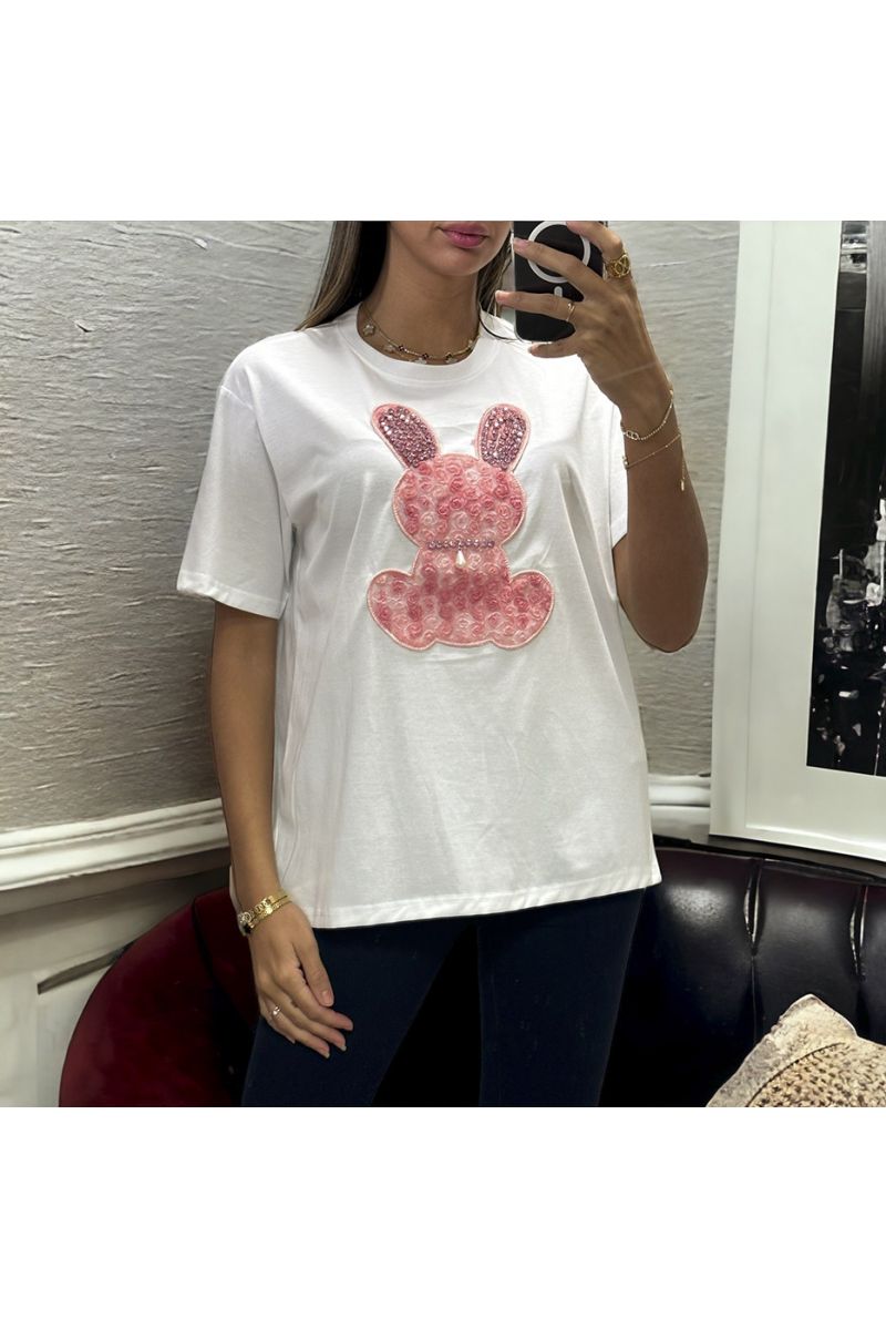 Oversized white T-shirt with embroidered rabbit and rhinestones - 3