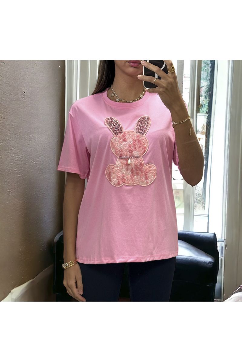 Pink oversize t-shirt with embroidered rabbit and rhinestones - 2