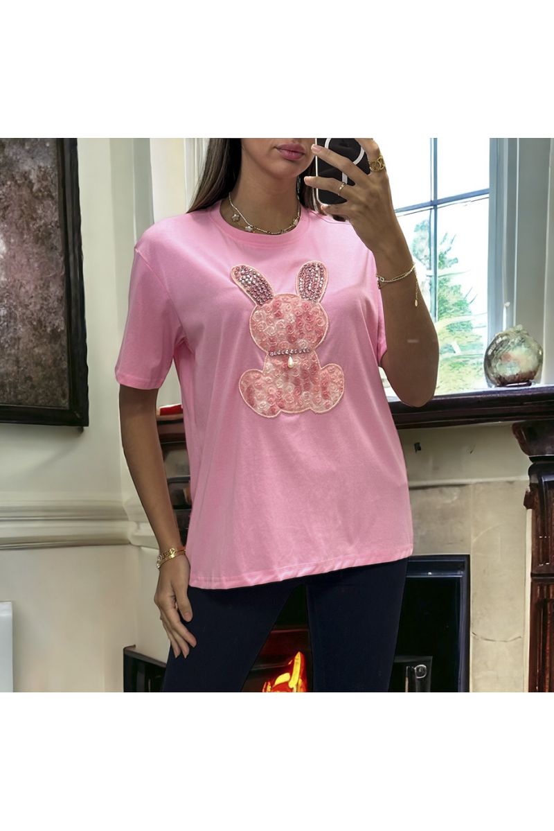 Roze oversized t-shirt met geborduurd konijn en strass steentjes - 3