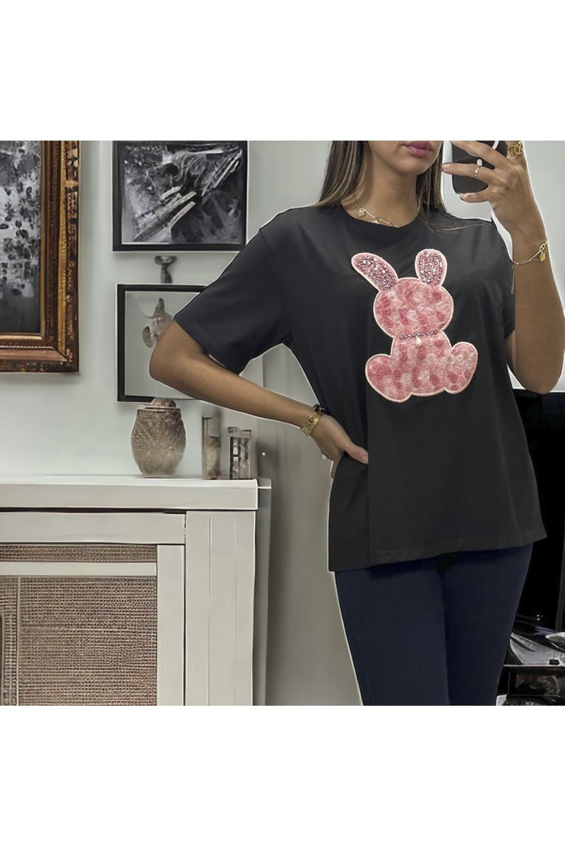 Oversized black T-shirt with embroidered rabbit and rhinestones - 2