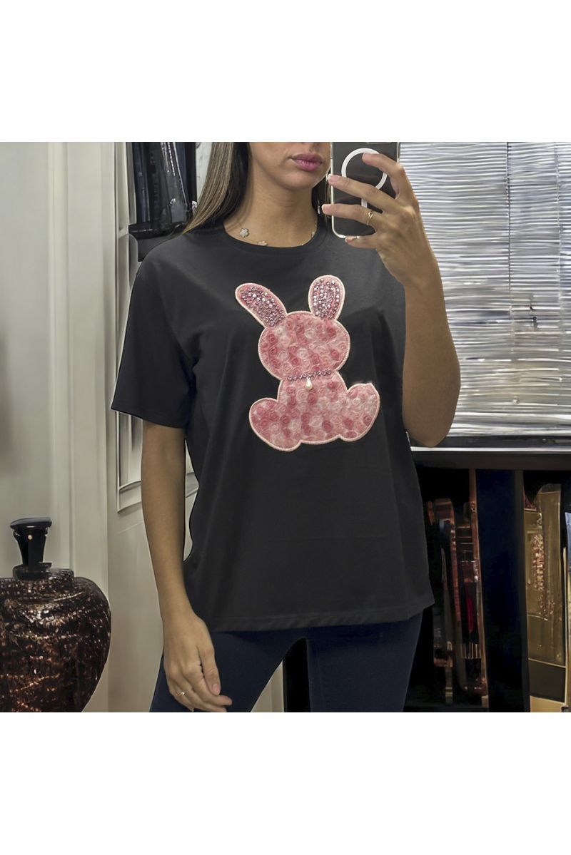 Oversized zwart T-shirt met geborduurd konijn en strass steentjes - 3